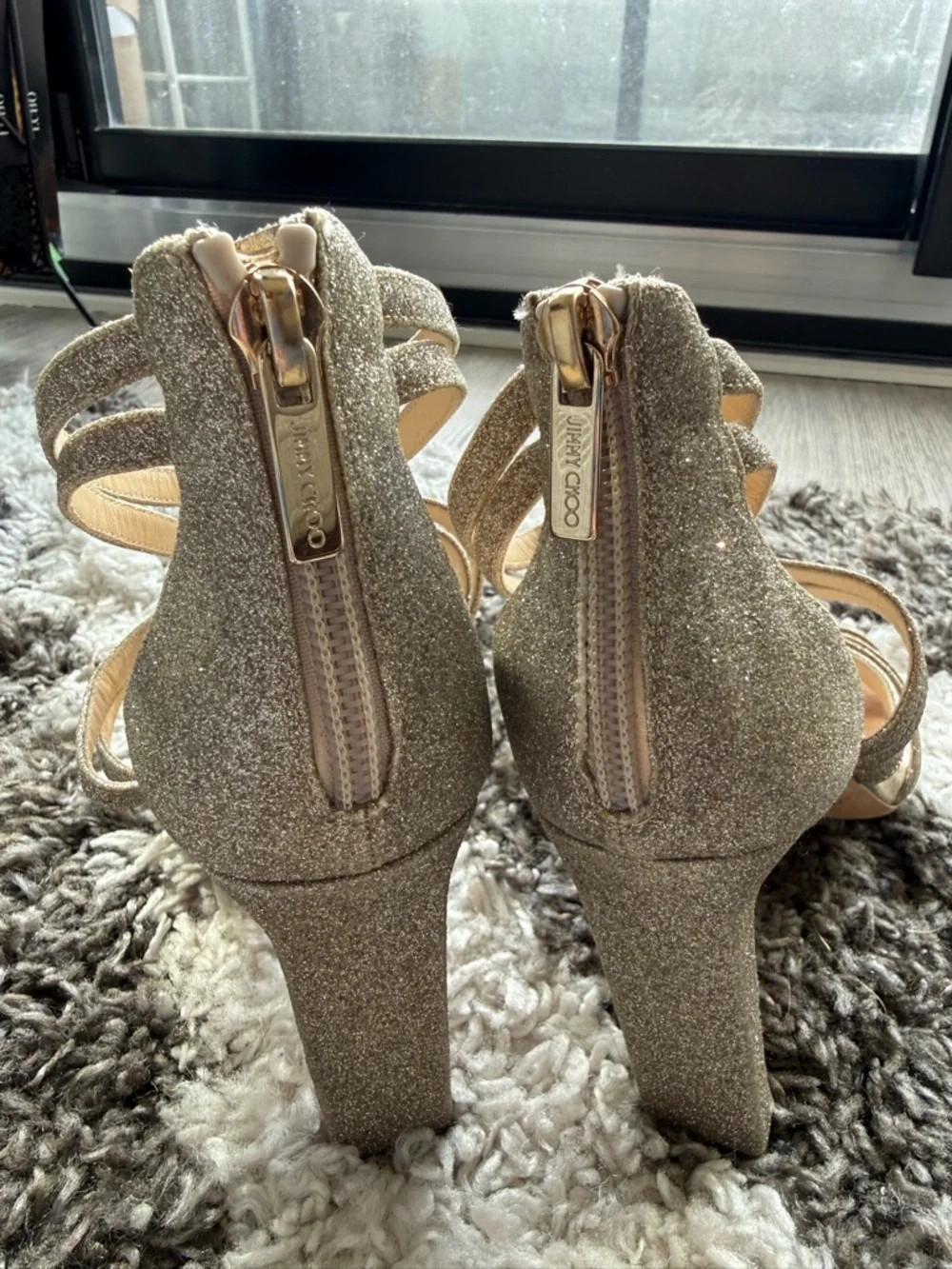 Jimmy Choo Gold Glitter Strappy Block Heel Sandals - Picture 2 of 9